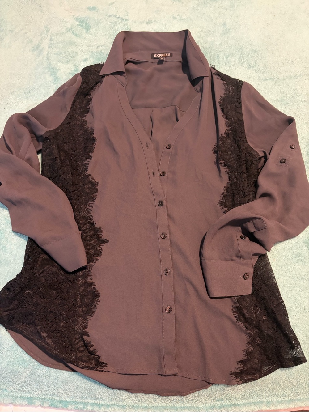 Express Grey Button-Down Shirt with Black Lace Trim